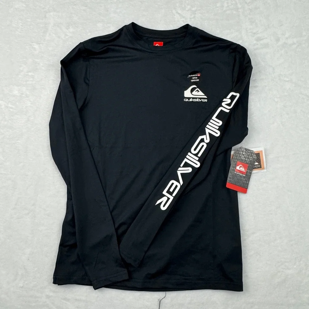 Quiksilver Mens Long Sleeve Rash Guard Black UPF 50 Quick Dry Swim Shirt NWT NEW